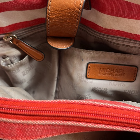 Michael Kors Red and White Striped Hamilton Canvas‎ Hand Bag w/ Leather Trim - Picture 12 of 12